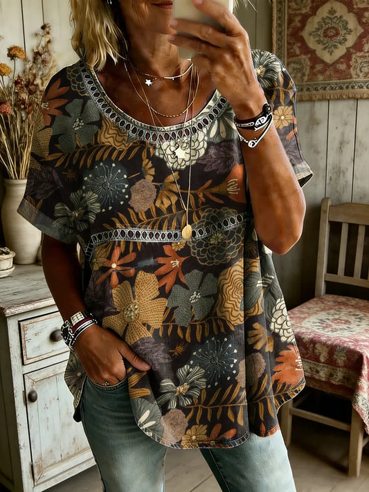 Women's Floral Art Print Round Neck Short Sleeve Hollow-Out Shirt