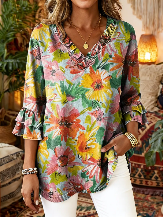 Ethnicity Bohemia Flowers Colorful Women's Art Print Casual V-neck Ruffled Washed Top