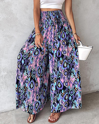 Tribal Print Shirred Wide Leg Pants