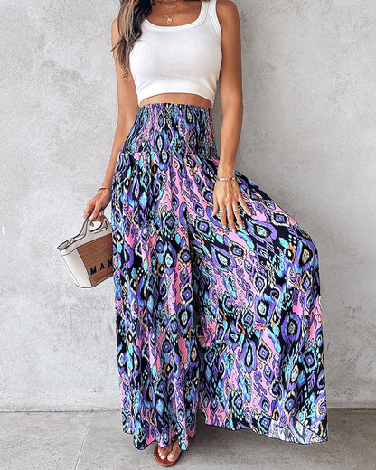 Tribal Print Shirred Wide Leg Pants