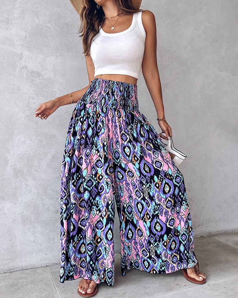 Tribal Print Shirred Wide Leg Pants