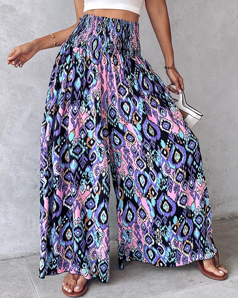 Tribal Print Shirred Wide Leg Pants