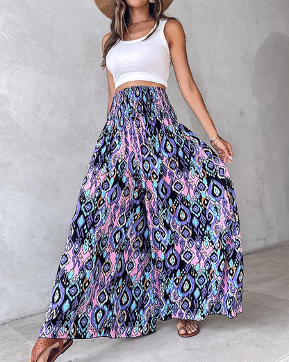 Tribal Print Shirred Wide Leg Pants