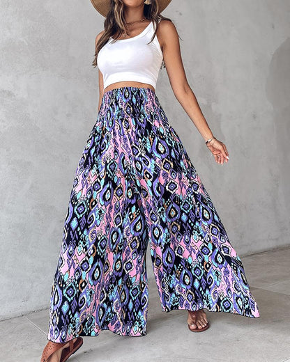 Tribal Print Shirred Wide Leg Pants