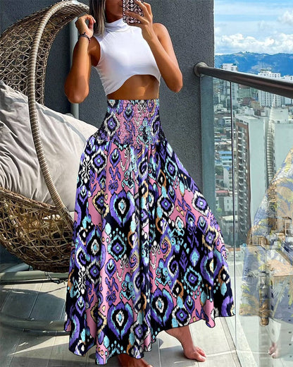 Tribal Print Shirred Wide Leg Pants