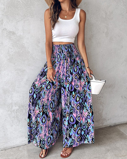 Tribal Print Shirred Wide Leg Pants