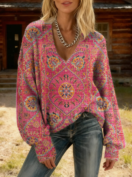 Women's Vintage Ethnic Pattern Art Print V-neck Knit Top