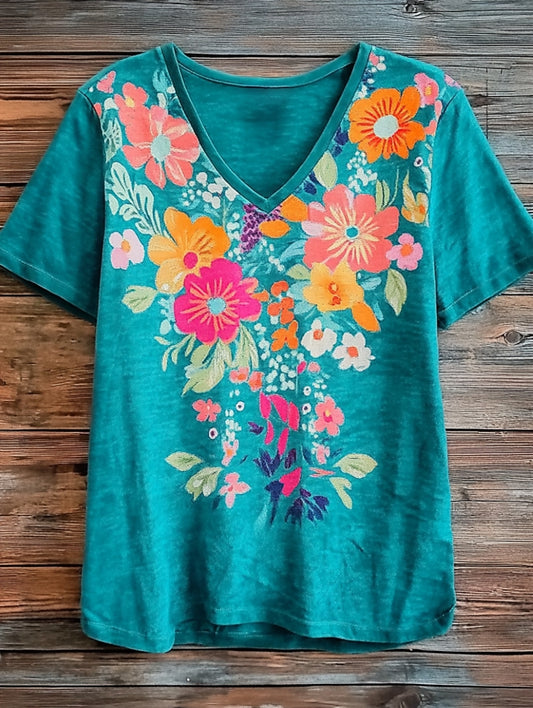 Women's Boho Flower Art Print V-neck Casual Cotton T-Shirt