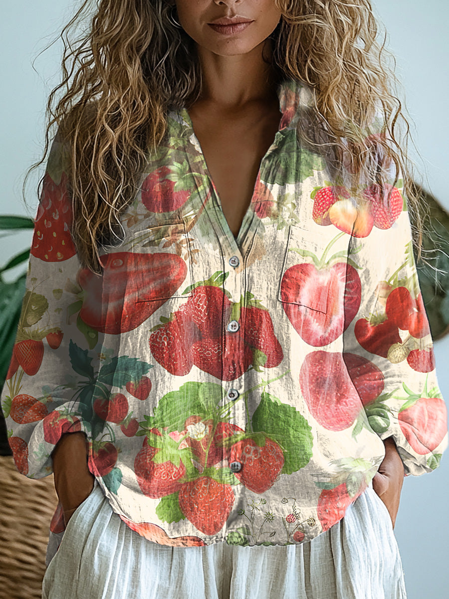 Women's Retro Fruit Print Casual Long Sleeve Comfortable Cotton Shirt