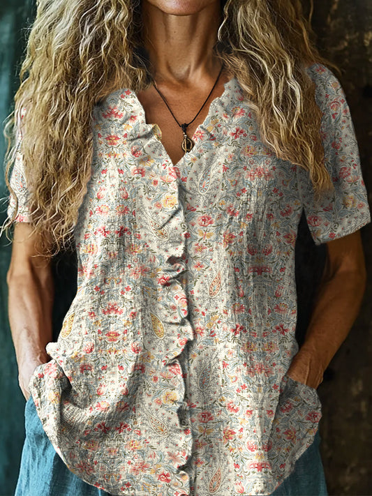 Women's Vintage Paisley Floral Art Print Casual Cotton And Linen Ruffle Shirt