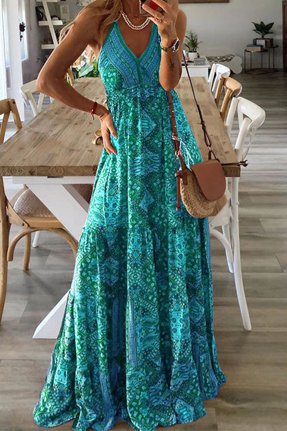 Celeste Boho Printed Strap Elastic Waist Maxi Dresses