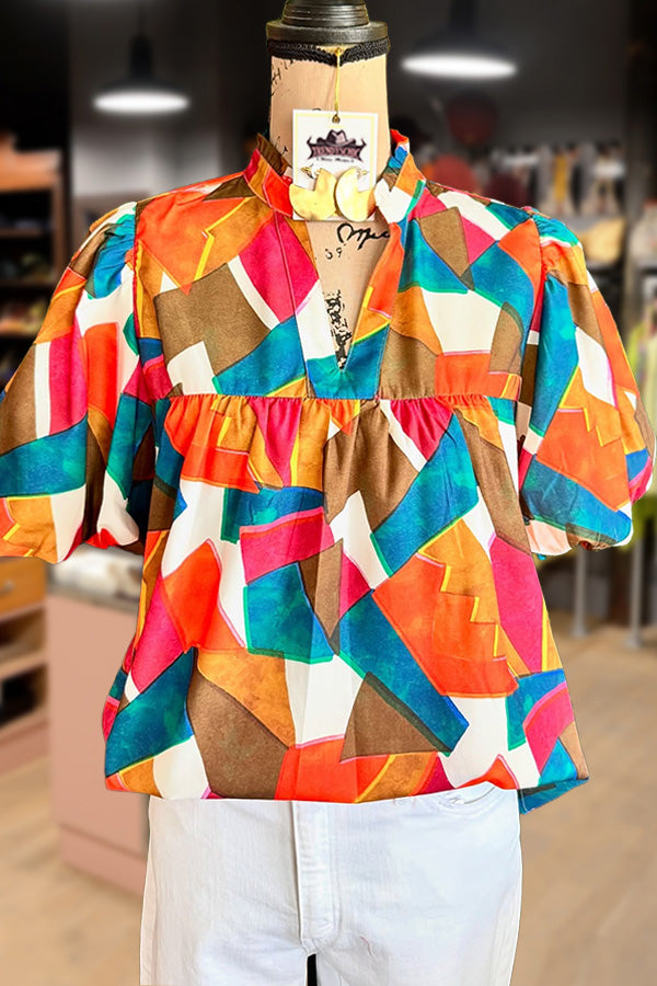 Abstract Print Split Neck Puff Sleeve Top