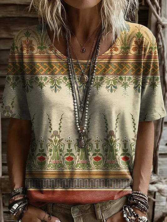 Women's Retro Ethnic Floral Print Round-neck Short-sleeve T-shirt