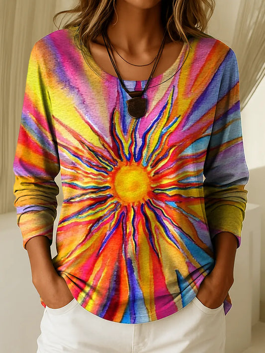 Women&#39;s Retro Colorful Ink Sun Art Print Casual T-shirt