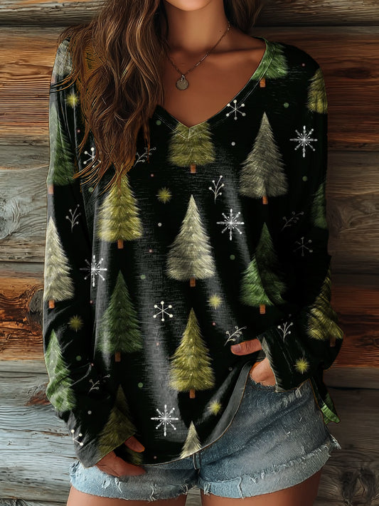 Women's Vintage Black Snowflake Christmas Tree Art Print V-neck Cotton T-shirt