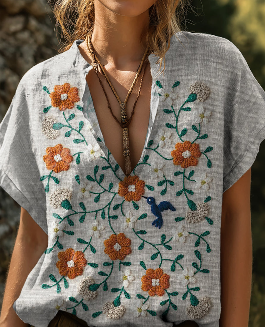 Women's Bohemian Totem Tattoo Pattern Art Print Casual Cotton Short Sleeve V-neck Shirt