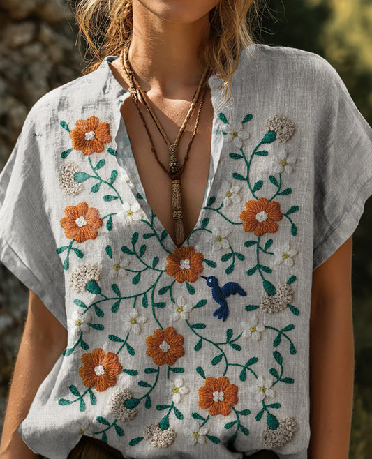 Women's Bohemian Totem Tattoo Pattern Art Print Casual Cotton Short Sleeve V-neck Shirt