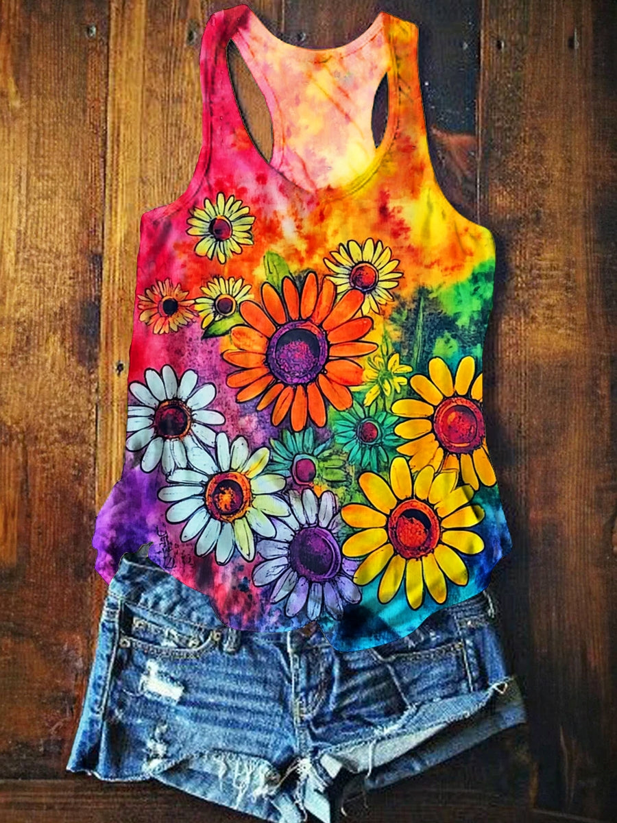 Women's Tie-Dye Daisy Art Print Crew Neck Tank Top