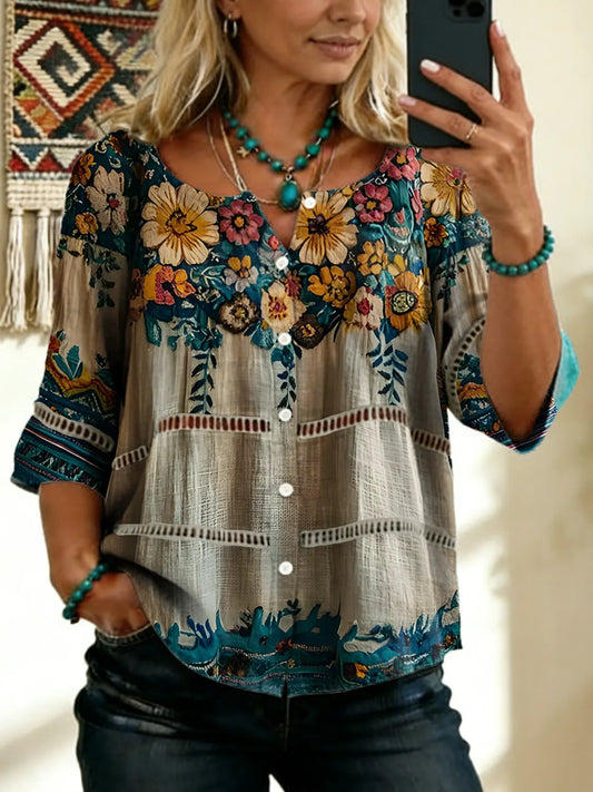 Women's Vintage Floral Art Print Tie-front Button-up Short-sleeve Shirt