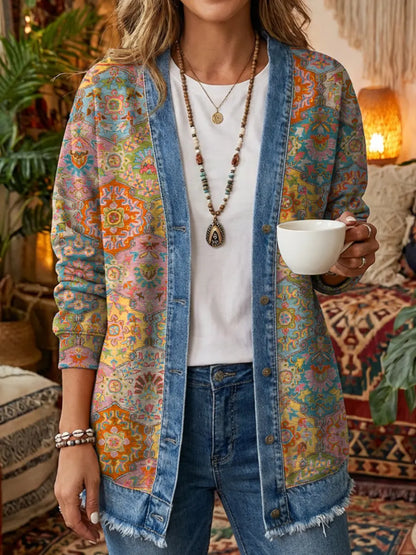 Ethnicity Colorful Totem Women's Art Print Casual Long Sleeve Denim Patchwork Shirt Coat