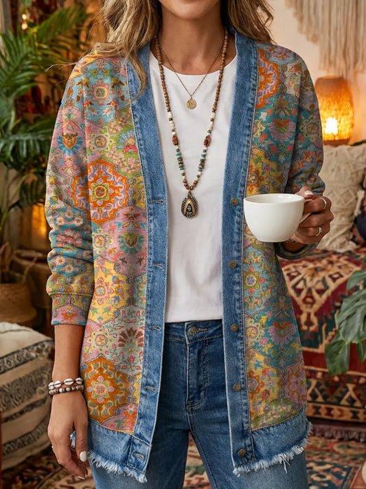 Ethnicity Colorful Totem Women's Art Print Casual Long Sleeve Denim Patchwork Shirt Coat