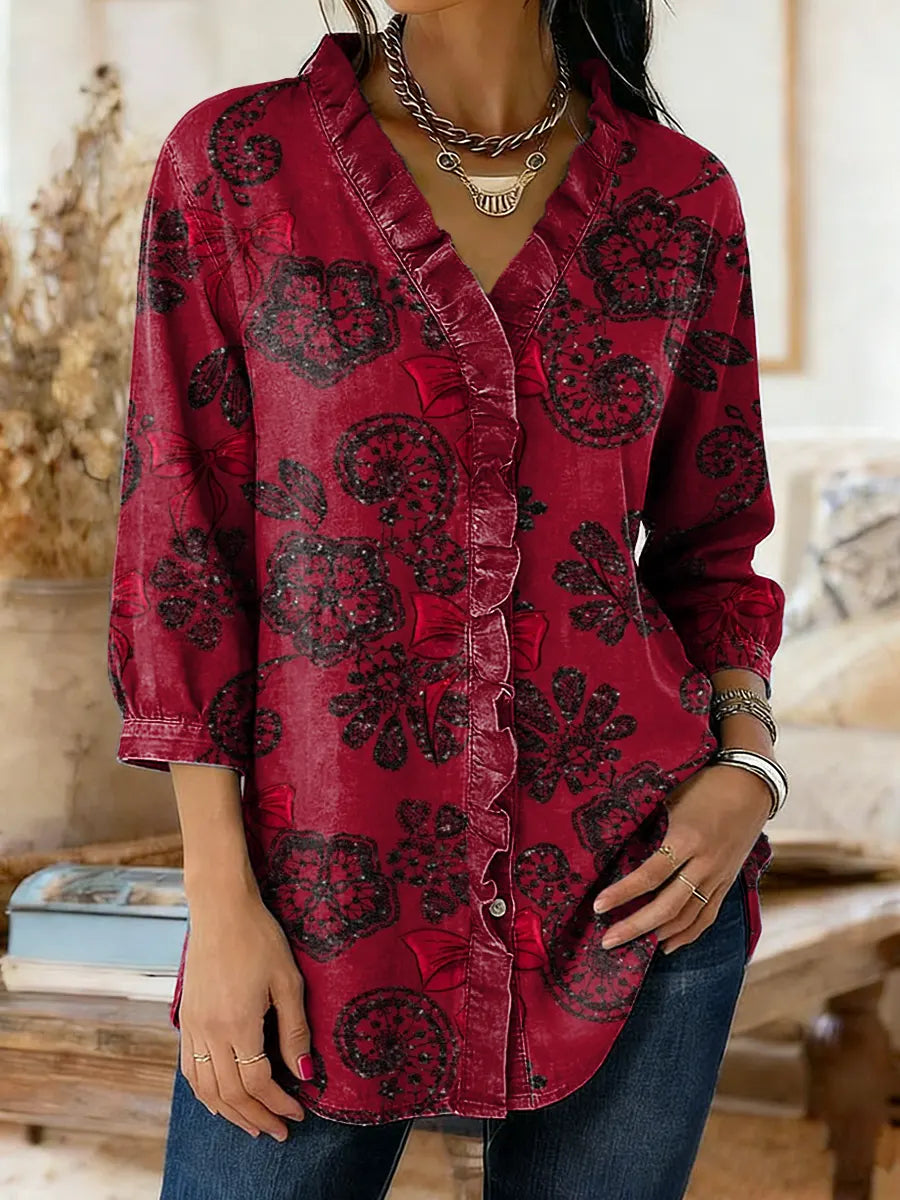 Women's Ethnic Floral Art Print Casual Ruffle Button-Down Denim Shirt