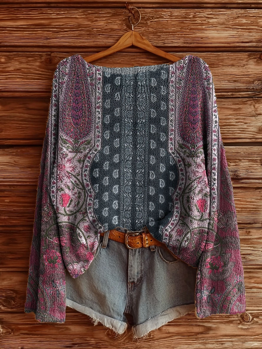 Women's Vintage Ethnic Floral Tattoo Pattern Art Print Casual Pullover Sweater