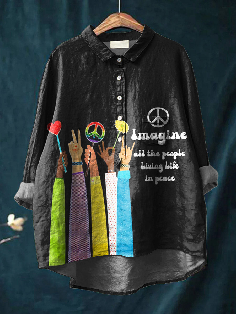 Imagine All The People Living Life in Peace Art Print Casual Cotton And Linen Shirt