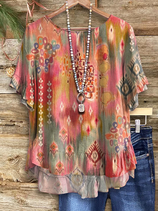 Women's Bohemian Ethnic Pattern Print Casual Round Neck Short Sleeve Shirt