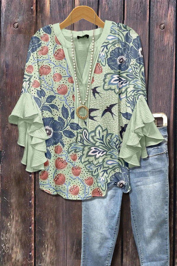 Chic Floral Print Ruffle Sleeve Top