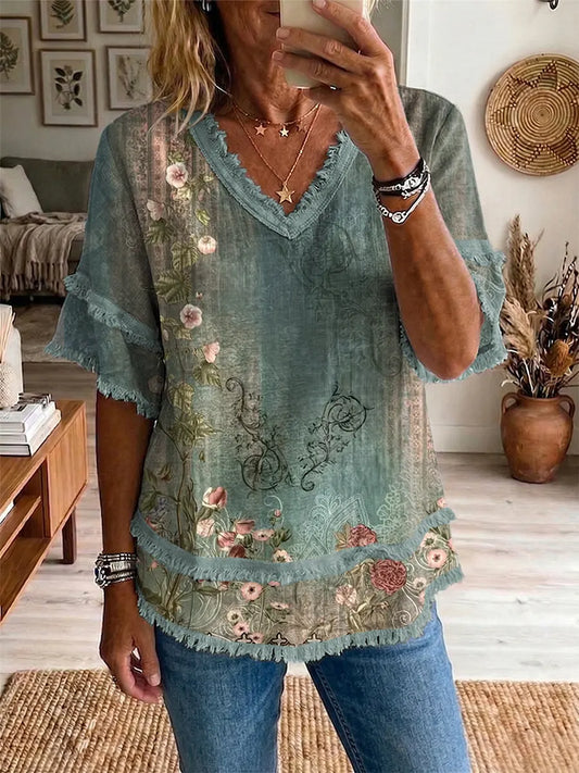 Ethnicity Bohemian Flowers Pattern Women's Art Casual Patchwork V Collar Shirt