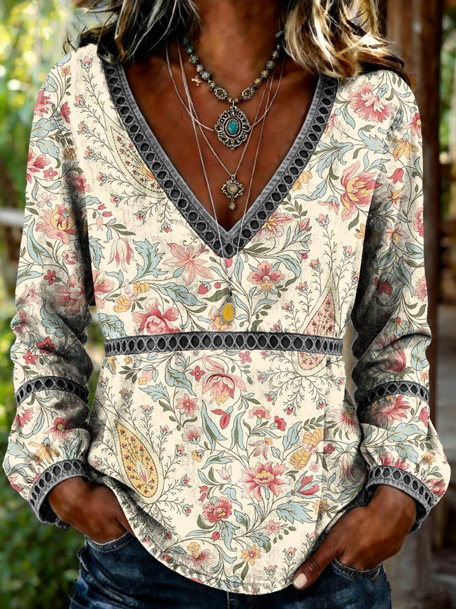 Women's Retro Bohemian Floral Art Print Casual Long-sleeve V-neck Hollow-out Shirt