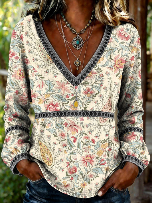 Women's Retro Bohemian Floral Art Print Casual Long-sleeve V-neck Hollow-out Shirt