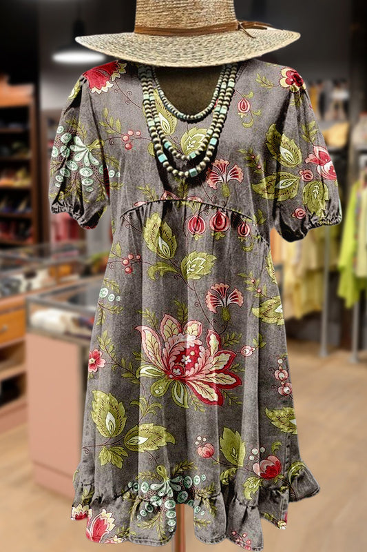 Vintage Floral Print Puff Sleeve Mini Dress