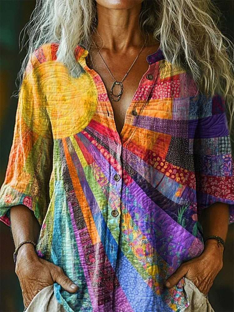 Vintage Sun Patchwork Women's Art Print Casual Long Sleeve Shirt Coat