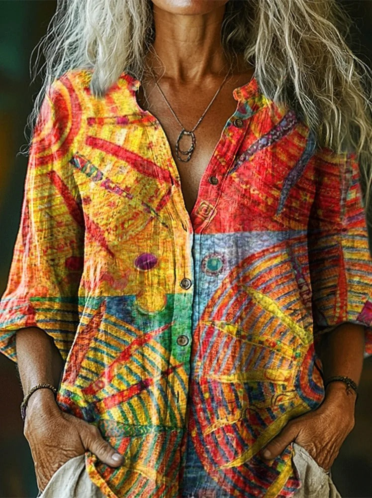 Women's Vintage Ethnic Floral Art Print Linen And Cotton V-neck Casual Shirt