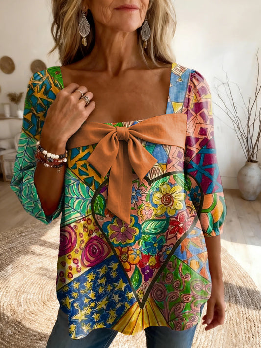Women's Vintage-Style Spliced Love Artistic Print Casual Square-Neck Top with Bow Detail