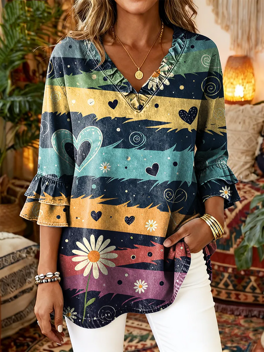 Women's Striped Heart Daisy Art Print Casual Ruffled Washed Shirt