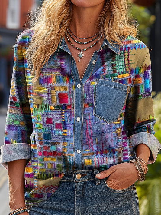 Women's Vintage Multicolor Collage Art Print Casual Cotton Denim Pocket Shirt