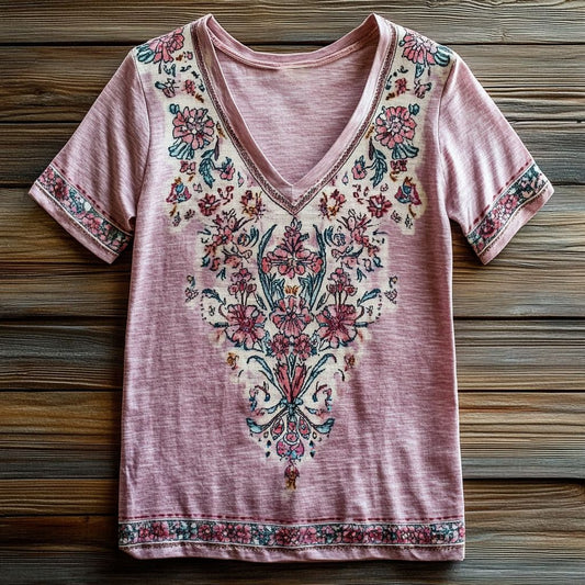 Women's Vintage Folk Art Floral Pattern Print V-Neck Cotton T-Shirt