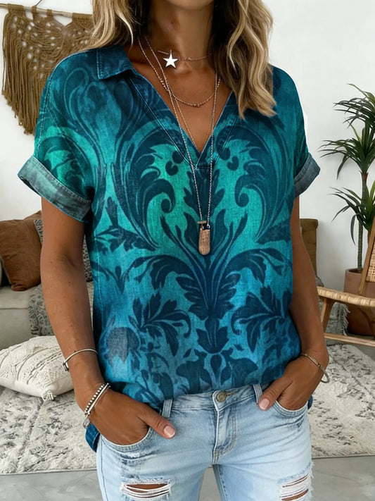 Women's Ethnic Print V-Neck Short-Sleeve Shirt