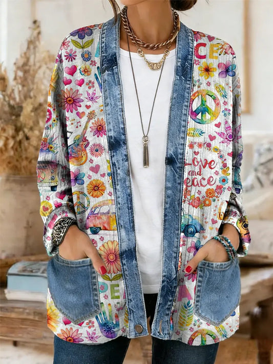 Hippie Love Peace Colorful Women's Casual Long Sleeve Comfortable Denim Mix Cardigan