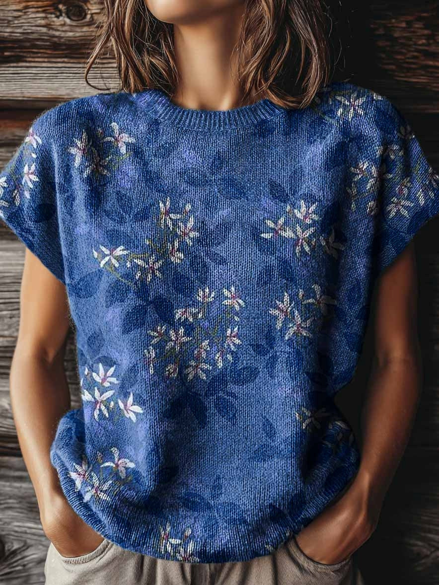 Women's Retro Flowers Print Casual Crew Neck Short Sleeve Knitted Sweater