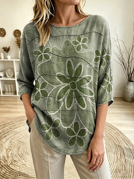 Women's Line Floral Art Printed Three Quarter Sleeve Loose Top