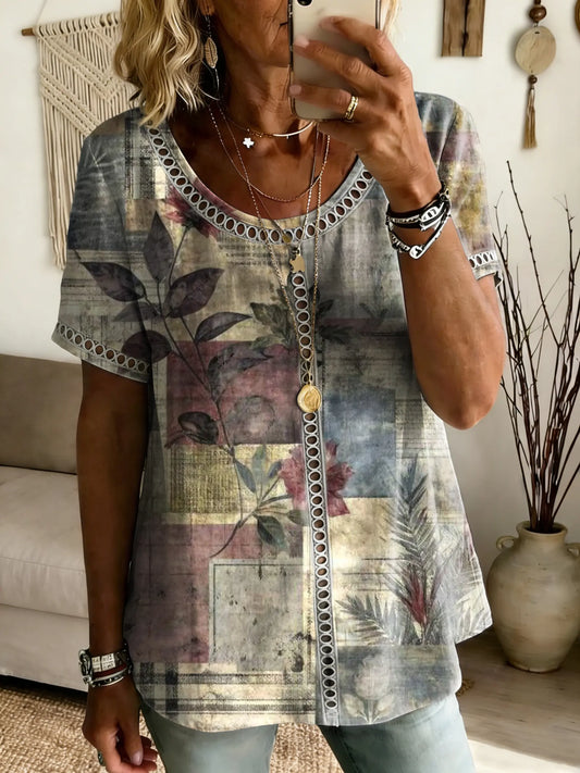 Women's Retro Poster-Style Floral Art Print Casual Cutout Short-Sleeve Top