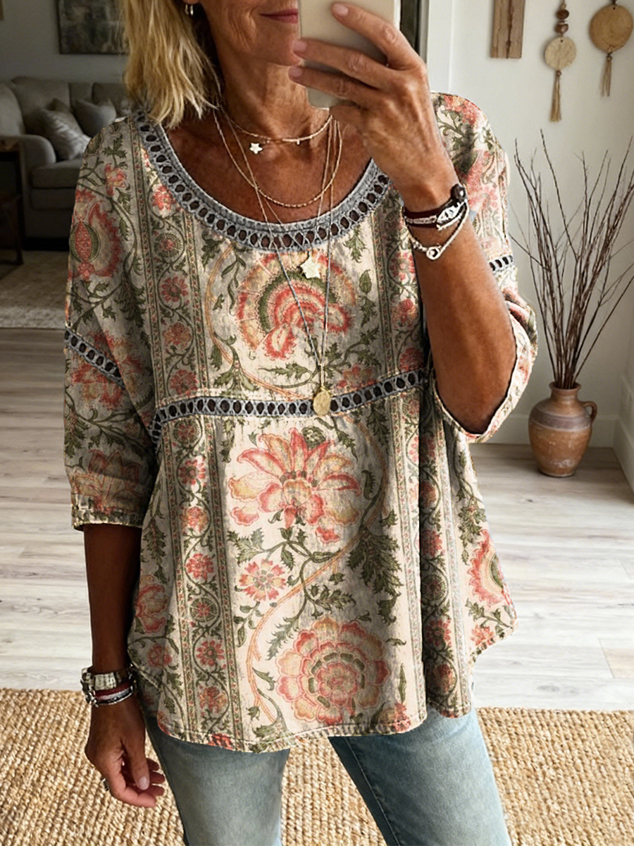 Women's Retro Ethnic Floral Striped Art Print Casual Round Neck Hollow-out Cotton Linen Top