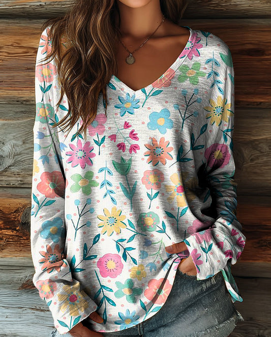 Women's Vintage Floral Art Print Casual V-neck Long Sleeve T-shirt