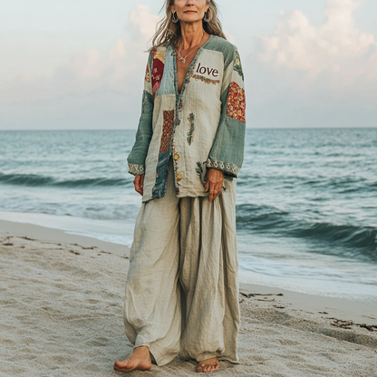 Comfort Vacation Oversized Linen Long Sleeve Shirt and Wide Leg Pants 5782