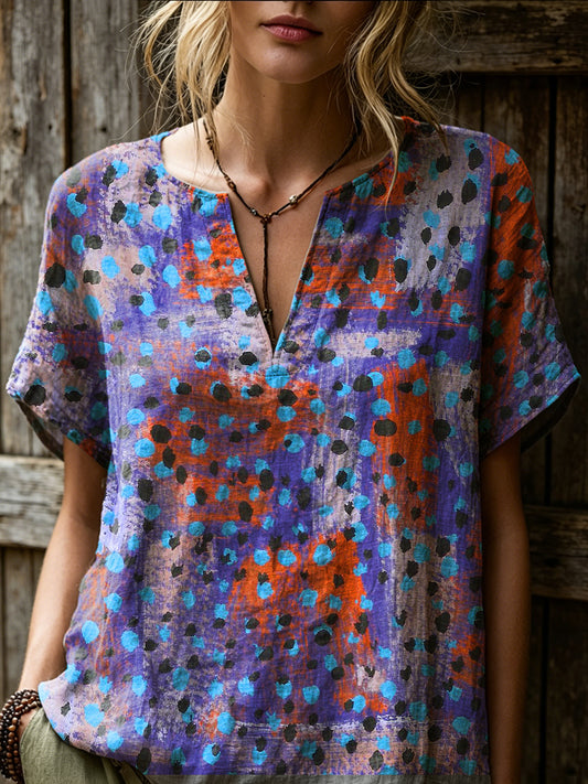 Women's Retro Colorful Art Print Casual Short-sleeve V-neck Cotton Linen Shirt