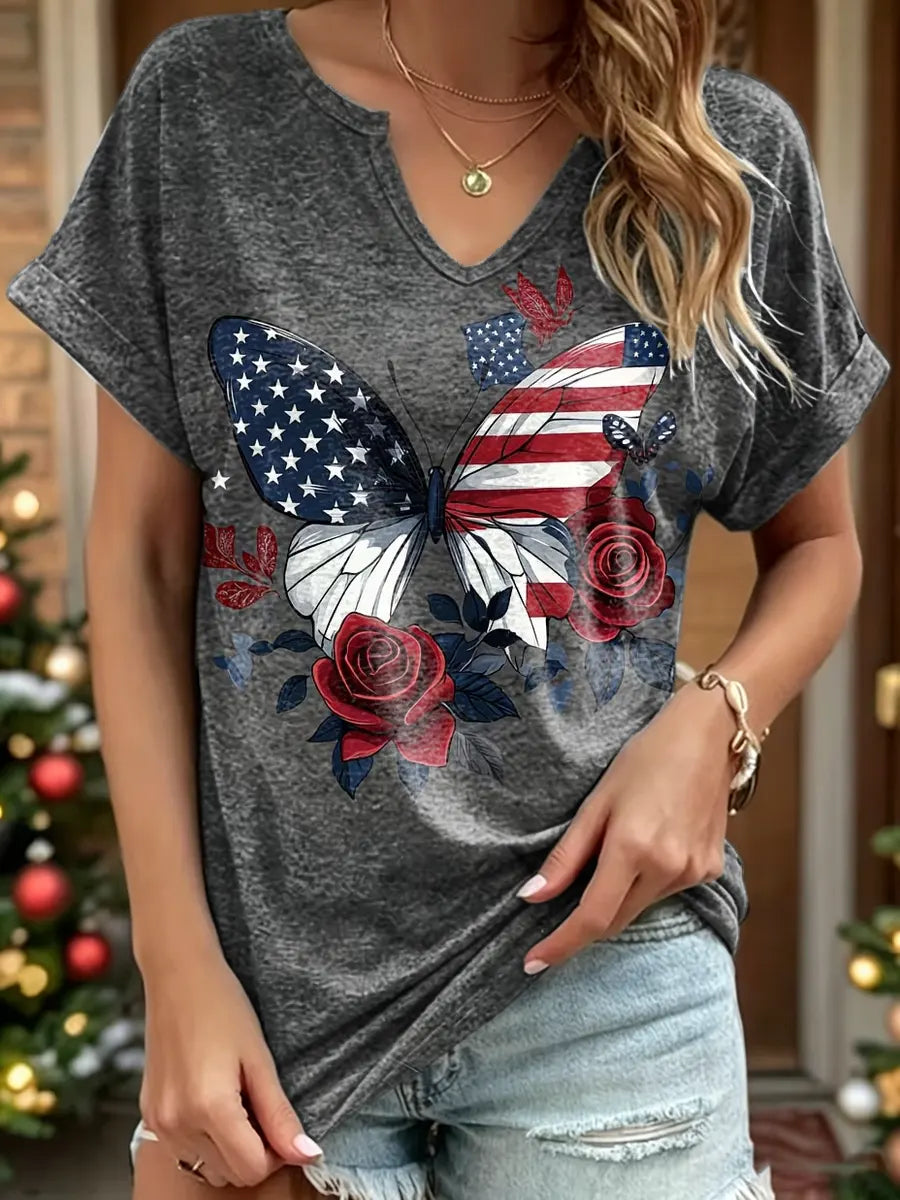 Independence Day Flag And Butterfly Print V-neck Cotton T-shirt